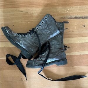 Dr. Martens Distressed Gray Leather Lace-Up Combat Boots with Black Ribbon Laces